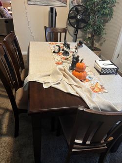 Dark Wood Dining Table with bench, 4 Chairs