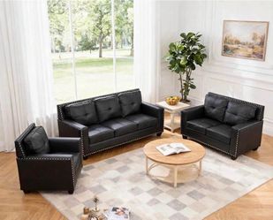 Classic black leather 3 piece couch set