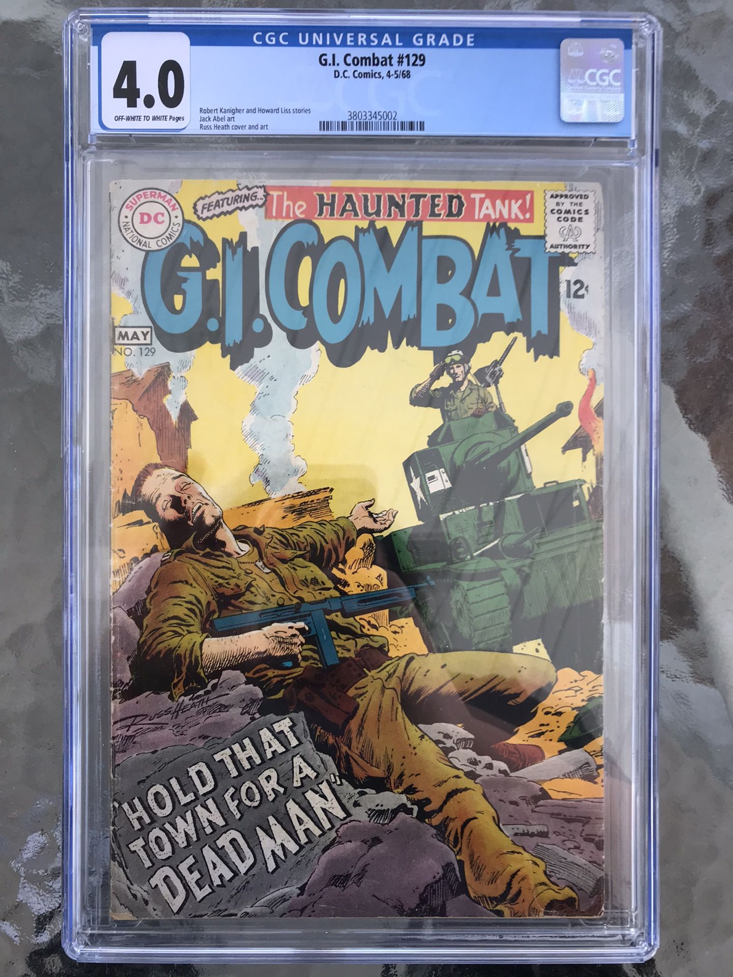 G.I. Combat #129 (1968) CGC 4.0 — O/w To White Pages; Russ Heath cover; Kanigher