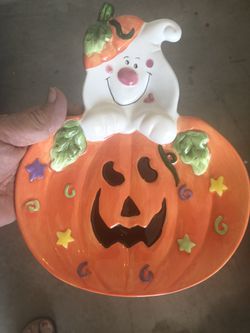 Small pumpkin and ghost ceramic candy dish for Halloween