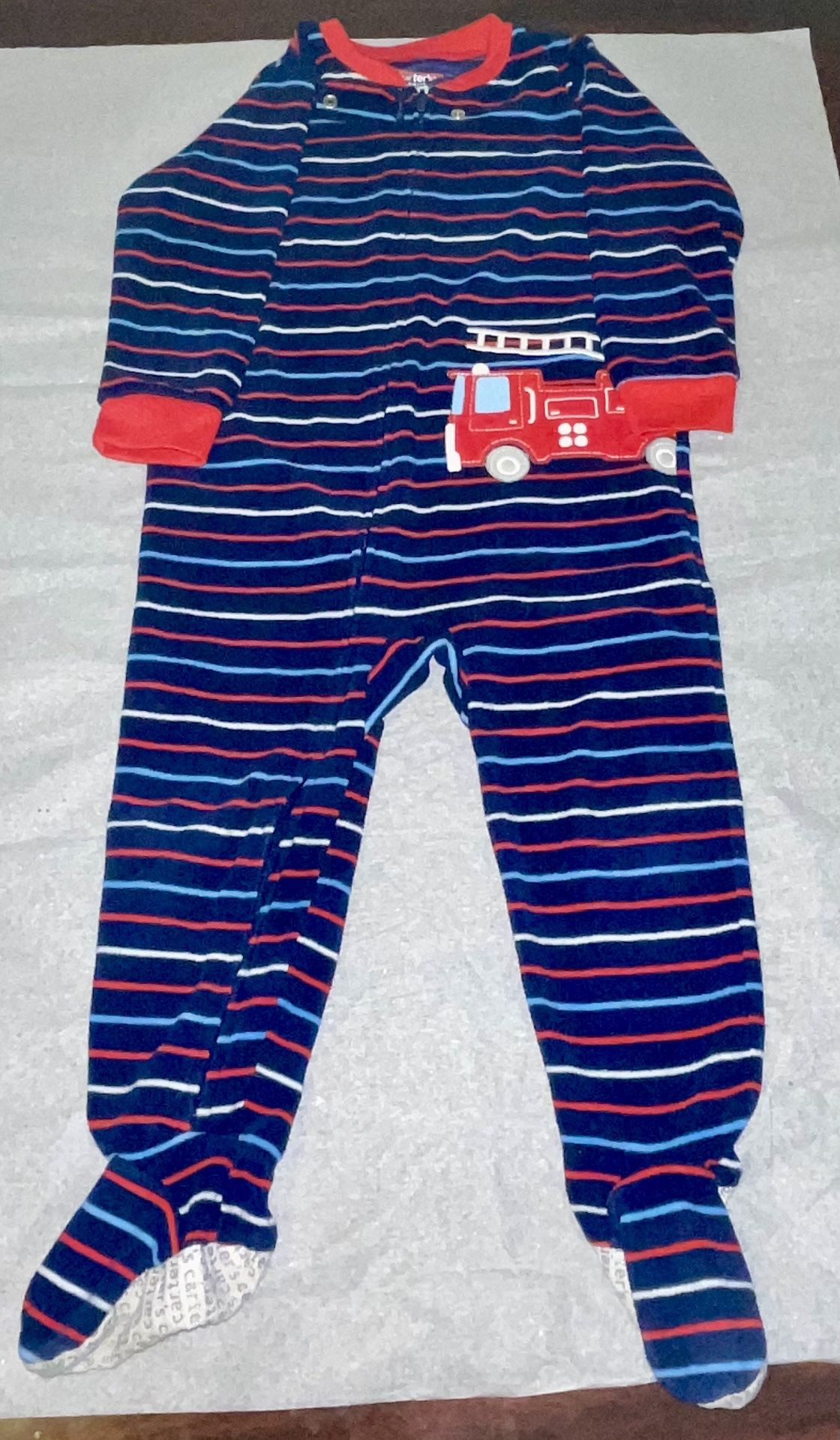Carter's Blue and Red Footies One Piece with Stripes and a Red Firetruck
