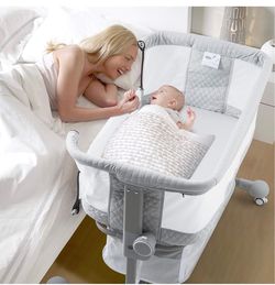 ONLY $65: 3 in 1, Baby Crib Bedside Sleeper with Detachable Mosquito Net, 6 Height Adjustable