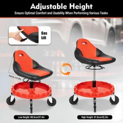 Rolling Shop Stool with 360° Swivel Tray, Adjustable Height 27.4-32.2in, 220lbs Capacity Mechanic Stool with 5 Silent Wheels & Backrest for Mechanics,