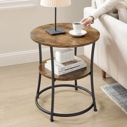 21.7-Inch Round Side Table, 2-Tier End Table, Nightstand with Steel Frame, Spacious Top, for Small Spaces, Living Room, Bedroom, Rustic Brown and Ink 