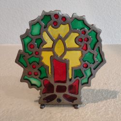 Vintage Cast Iron Stained Glass Christmas Candle Tea Light Votive Holder 