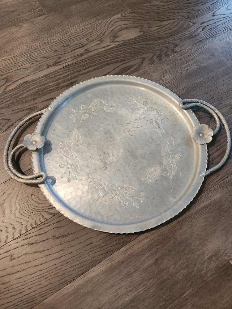 Vintage MCM Farberware Wrought Aluminum Serving Tray Platter with Etched Leaves