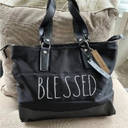 Rae Dunn Blessed Black Leather and Nylon Tote Bag 
