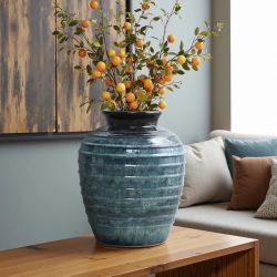 Rippled Blue with Brown Round Tall Ceramic Vase, 15.8"H ,D2593