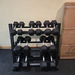 Brand New 10lb Thru 40lb Rubber Hex Dumbbell Set With Rack 