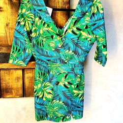 Turquoise And Blue Tropical Print Dress With Gold Accents