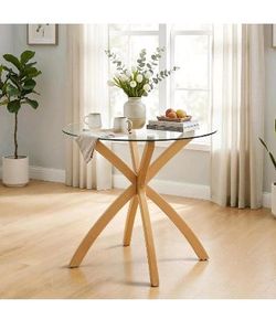 Round Glass Dining Table with Solid Wood Pedestal Base ( Brand New, In Box ) For $90