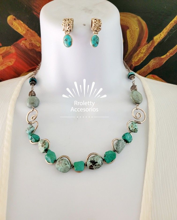 Sterling Silver 925 Necklace And Earrings With Real Turquoise Stone.