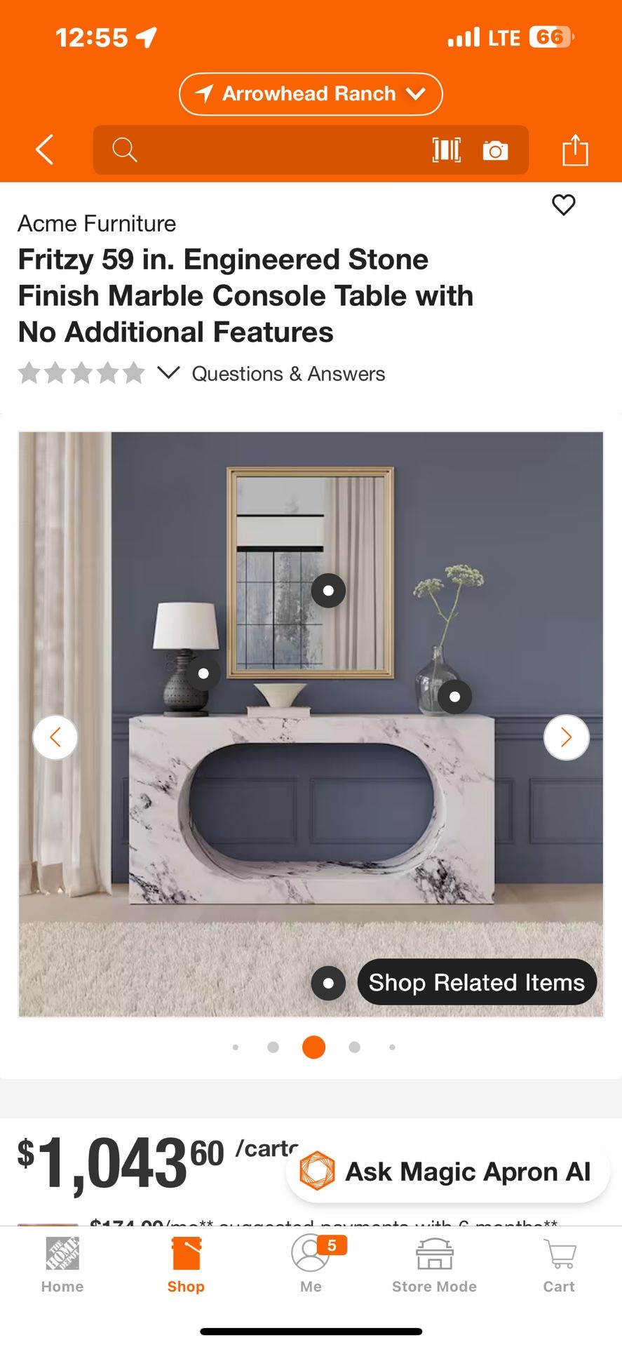 Acme Furniture Fritzy 59 in. Engineered Stone Finish Marble Console Table with No Additional Features