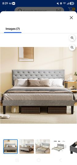 Generic King Size Bed Frame with Fabric Upholstered Headboard and Strong Wooden Slats, 750lbs Easy Assembly Noise Free High Black Bed Frame, Under Bed