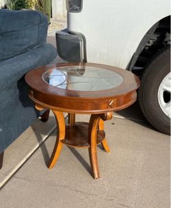 Round Wood End Table with Glass Top
