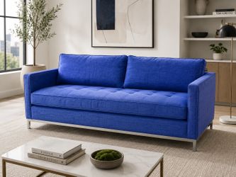 Mid-century modern blue sofa, fabric couch