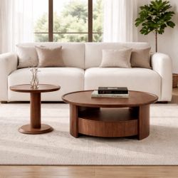 Solid Wood Round Walnut Coffee Table Set With Drawers