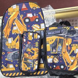 Kids Construction Vehicles Backpack Set Blue Yellow Lunch Bag Pencil Case