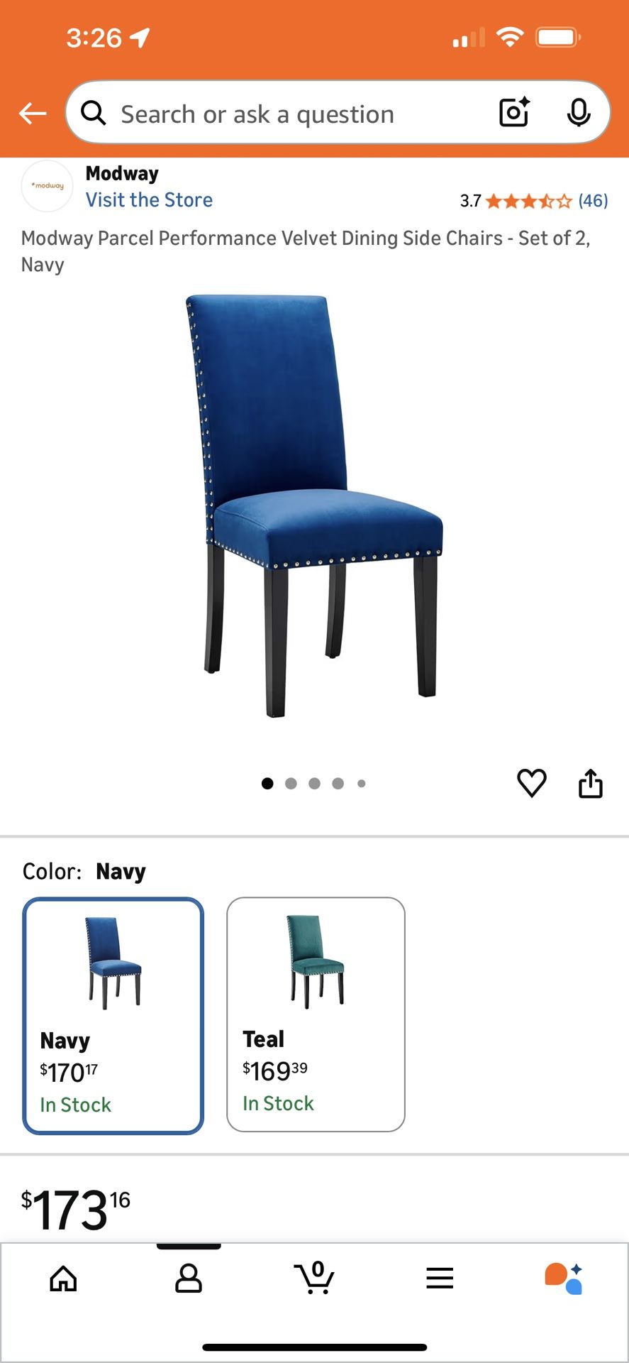 Modway Parcel Performance Velvet Dining Side Chairs - Set of 4, Navy