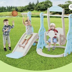 Ealing Toddler Slide Swing Set for Age 1-3  Indoor Baby Swing Toys Playset with Climber&Basketball Hoop,Blue(V062)
