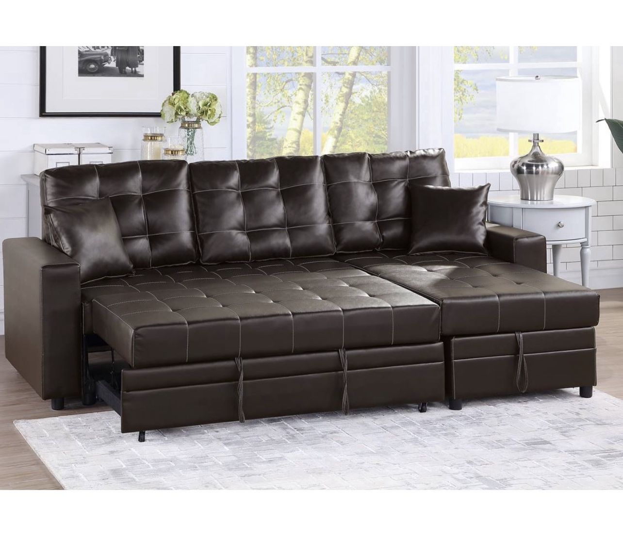 Living room set Sectional Sofa Pullout Bed W / Chaise Storage Faux leather 88” X 57” x33”H