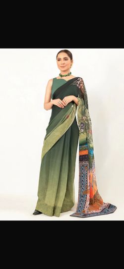 Imran Aftab green digitally printed chiffon saree with a raw silk blouse
