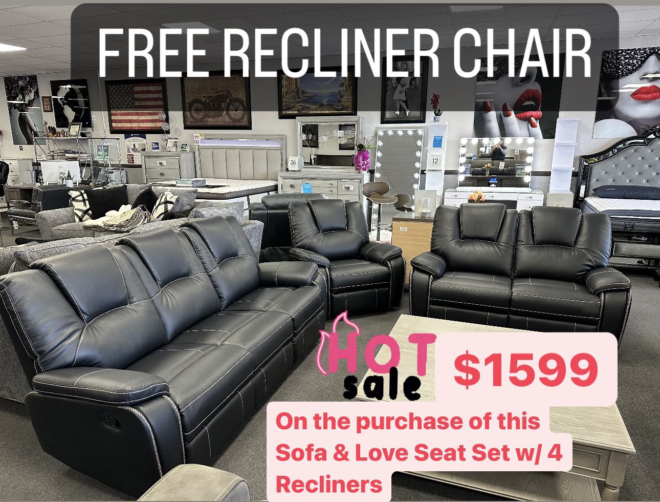 Black Sofa & Loveseat + Free Recliner Chair