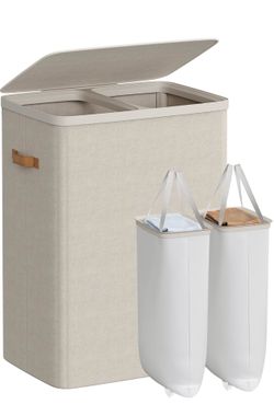 Laundry Basket, 170L Laundry Hamper with Lid, 2 Removable Bags Easy Assembly Laundry Sorters, with Handles, 22.1 x 15.8 x 29.5 Inches, Cappuccino, BRO