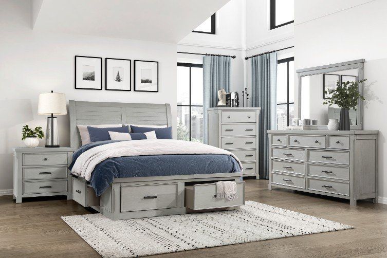 Stylish & functional 3 pc Queen bed features 6 Storage drawers in gray finish
