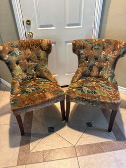 Pair of Designer Accent Chairs - Floral Velvet Tufted Wingback - Set of 2