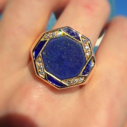 14k solid yellow gold Blue Lapis Lazuli stone 0.15CTW Natural Diamond Enameled ring sz11