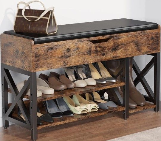 Shoe Bench, Lift Top Shoe Storage Bench, Adjustable Shelf Entryway Bench, Metal and Wood Shoe Rack Organizer  NO CUSHION 