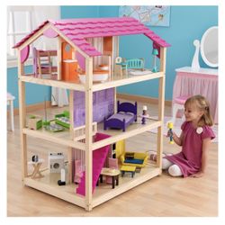 KidKraft So Chic Wood Dollhouse, Almost 4' Tall with Wheels & 46 Pieces, Assembly Required