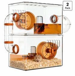 8-in-1 Transparent 2-Tier Hamster Cage Set, All-in-One No Assembly, DIY Stackable Expandable, 15.75×9.84×18.9 in, Starter/Transition Cage for Dwarf & 