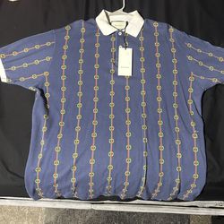 NWT MEN'S Gucci Horse-bit Chain Print Polo Shirt Blue