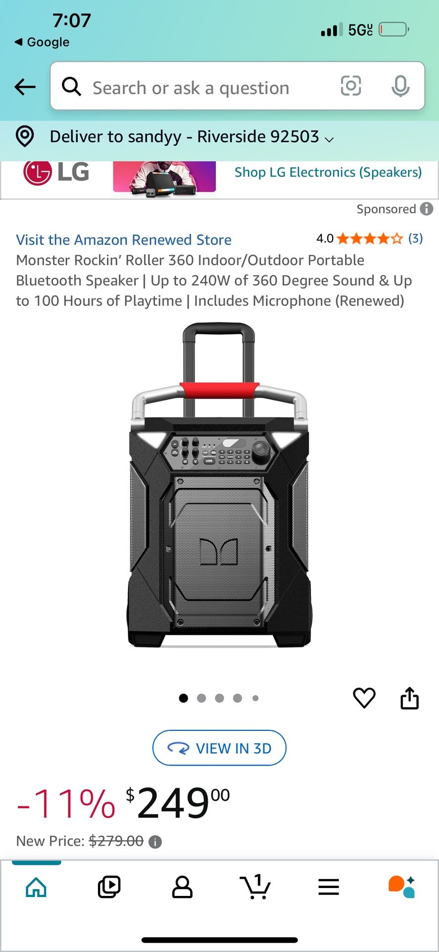 Monster Rocking Roller 360 Rechargeable Speaker