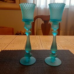  12,INCHES  TALL  GORGEOUS LOOKING VINTAGE  BLUE GLASS CANDLE HOLDERS 