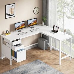 Tribesigns L Shaped Desk with File Drawer Cabinet, 59 Inch In White

