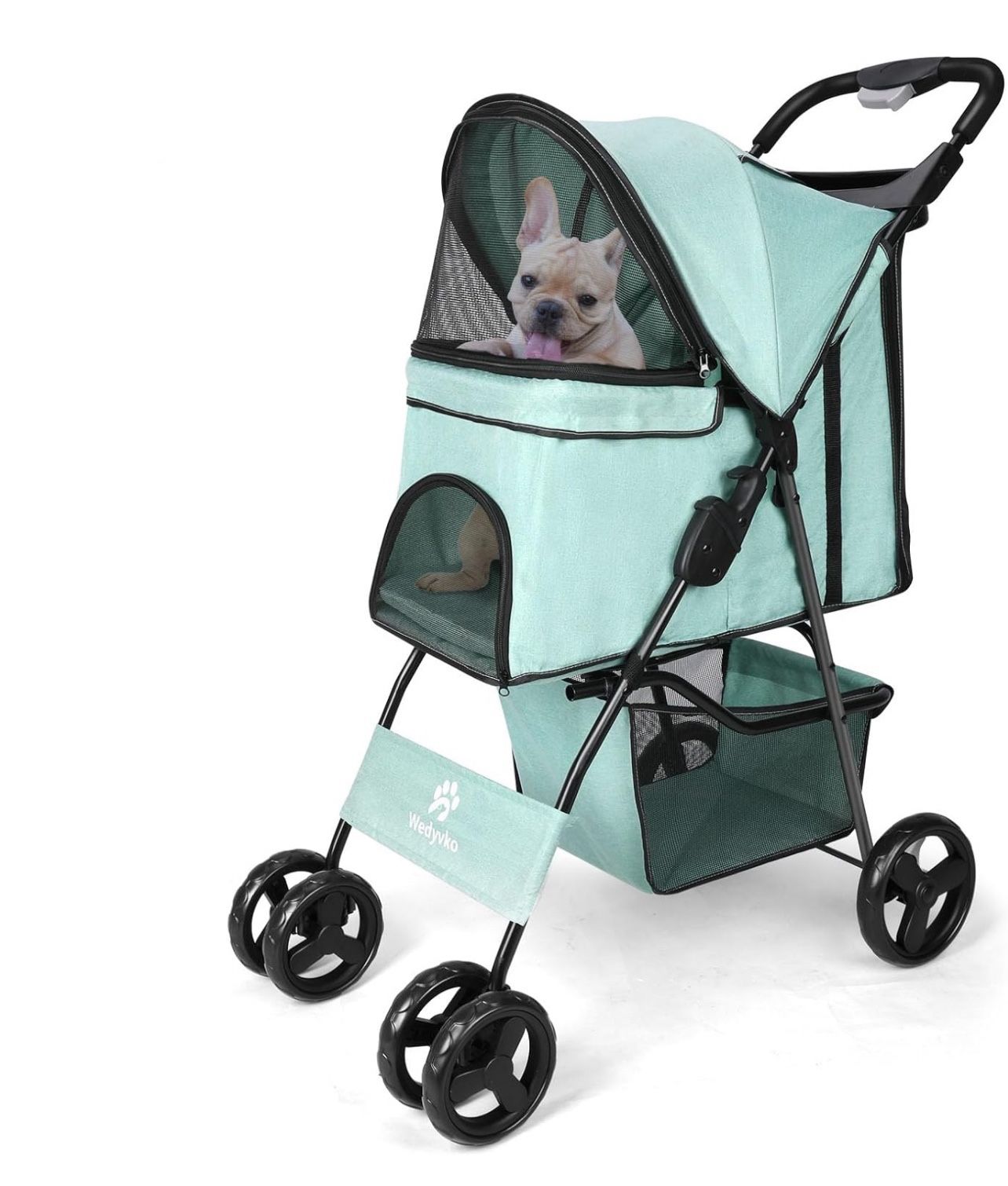 Pet Dog Stroller, Four Wheels Cat Dog Stroller with Storage Basket, Handle 360° Front Wheel Rear Wheel with Brake for Small Dogs Cats Travel Folding