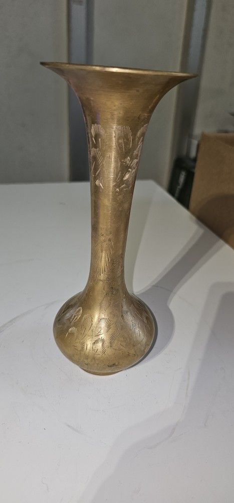 vintage brass metal flower vase with an etched design Marked India 7.5 Inches