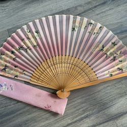 Vintage Handmade Floral Folding Fan with Embroidered Sleeve