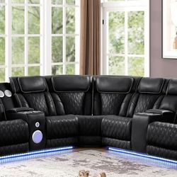 NEW🏅Black Sectional Sofa with Power Recliners, LED Lighting, Massage, and Bluetooth Speakers
