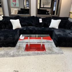 BLACK SUPER SOFT CORDUROY FABRIC U SECTIONAL DOUBLE CHAISE COUCH SET 