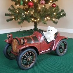 Beautiful LARGE Decorative  Vintage Wooden Carved Black Red Roadster  CAR DECOR 21" Long!