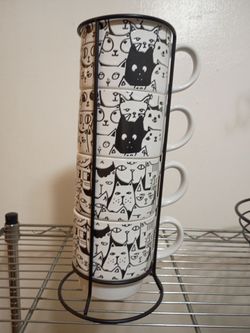 Cat Print Stacking Mugs Set with Metal Rack