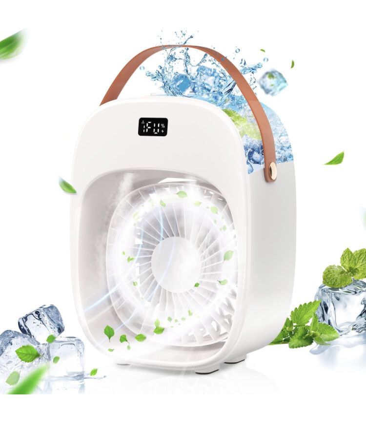 Portable Air Conditioner, Evaporative Air Conditioner Fan, 3 Wind Speeds & 2 Misting Levels, Humidifier, Night Light, Rechargeable Battery