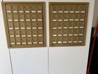 2 Vintage Brass Wall-Mounted Mailbox Units – 30 Small Doors Each (Front Loaded)