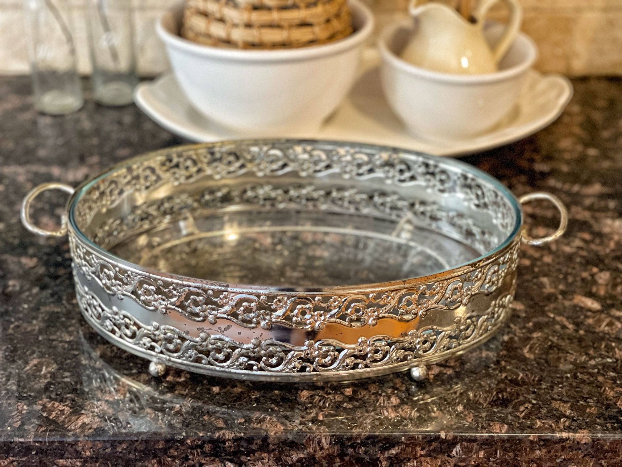 Large Vintage Silver Plated Footed Casserole Dish Holder Serving Tray PYREX
