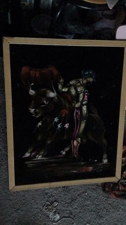 Bullfighter Velvet Painting with Wood Frame