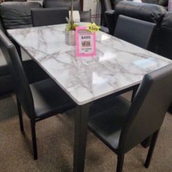 5-pc Dinning Table Set White Faux Marble Table Top